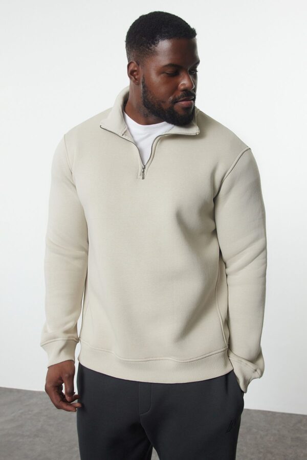 Trendyol Stone Plus Size Oversize/Normal Cut Stand Collar Zippered Fleece Inside Sweatshirt