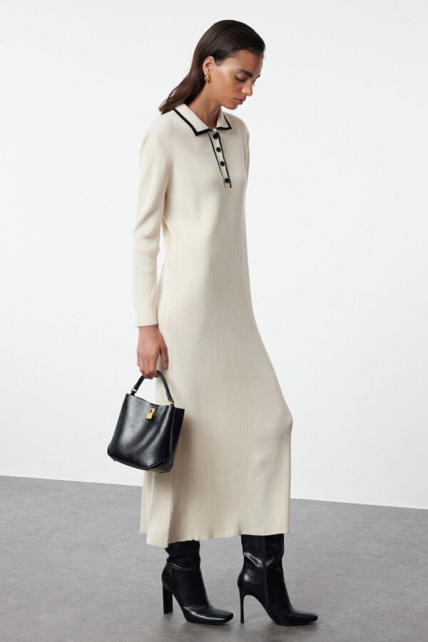 Trendyol Stone Polo Buttoned Collared Knitted Dress