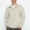 Trendyol Stone Regular/Normal Cut Stand Collar Zippered Cotton Basic Polar Fleece Sweatshirt