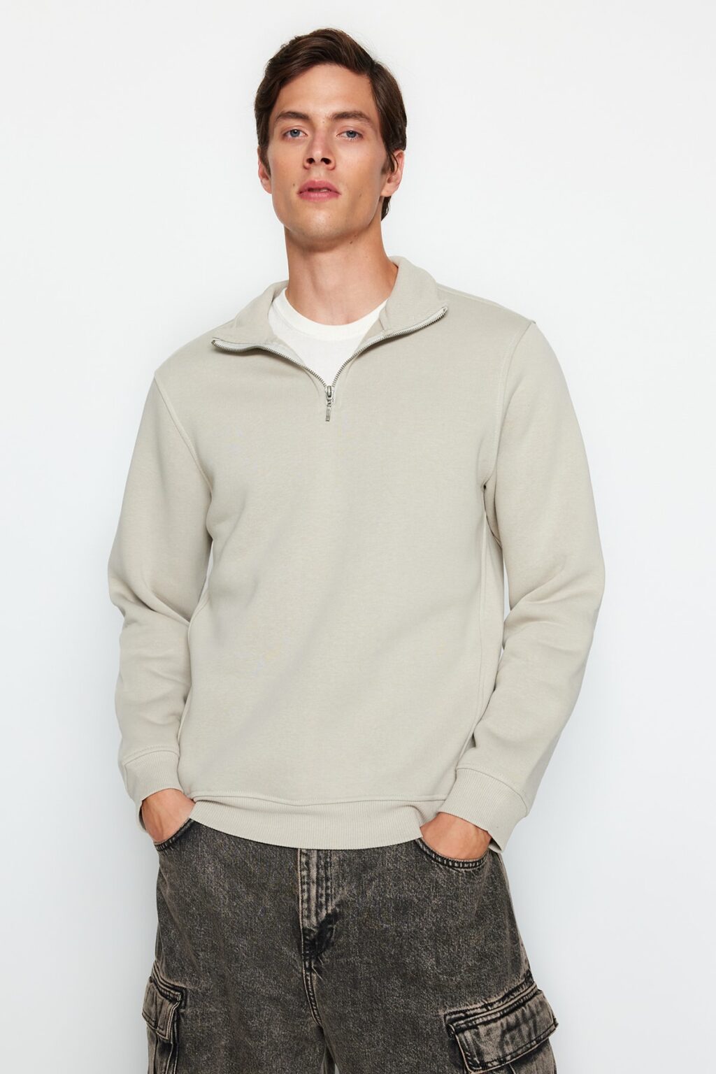 Trendyol Stone Regular/Normal Cut Stand Collar Zippered Cotton Basic Polar Fleece Sweatshirt