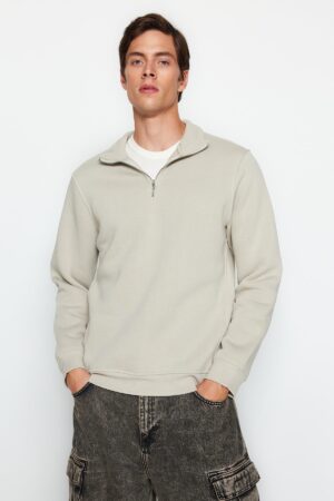 Trendyol Stone Regular/Normal Cut Stand Collar Zippered Cotton Basic Polar Fleece Sweatshirt