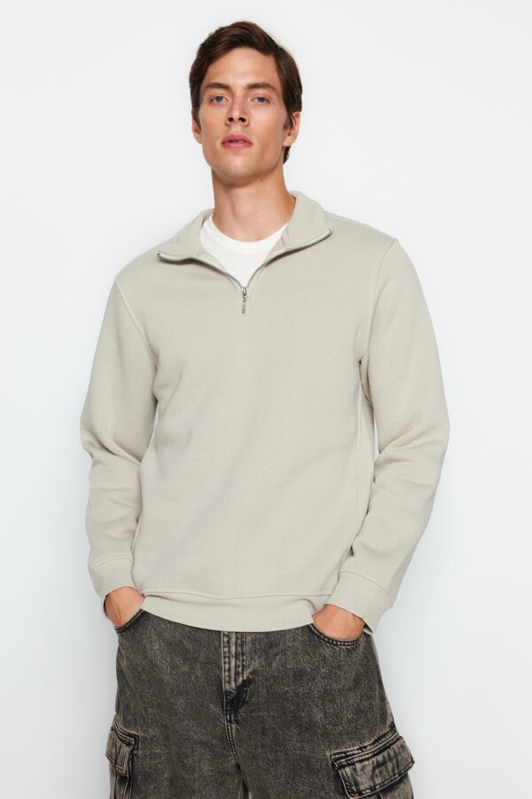 Trendyol Stone Regular/Normal Cut Stand Collar Zippered Cotton Basic Polar Fleece Sweatshirt