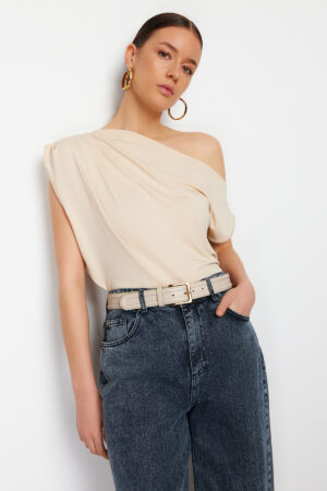 Trendyol Stone Regular/Normal Pattern Asymmetrical Collar Zero Sleeve Snap Flexible Knitted Blouse Trendyol Stone Regular/Normal Pattern Asymmetrical Collar Zero Sleeve Snap Flexible Knitted Blouse