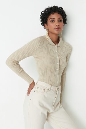 Trendyol Stone Ribbed Polo Collar Knitted Cardigan Trendyol Stone Ribbed Polo Collar Knitted Cardigan