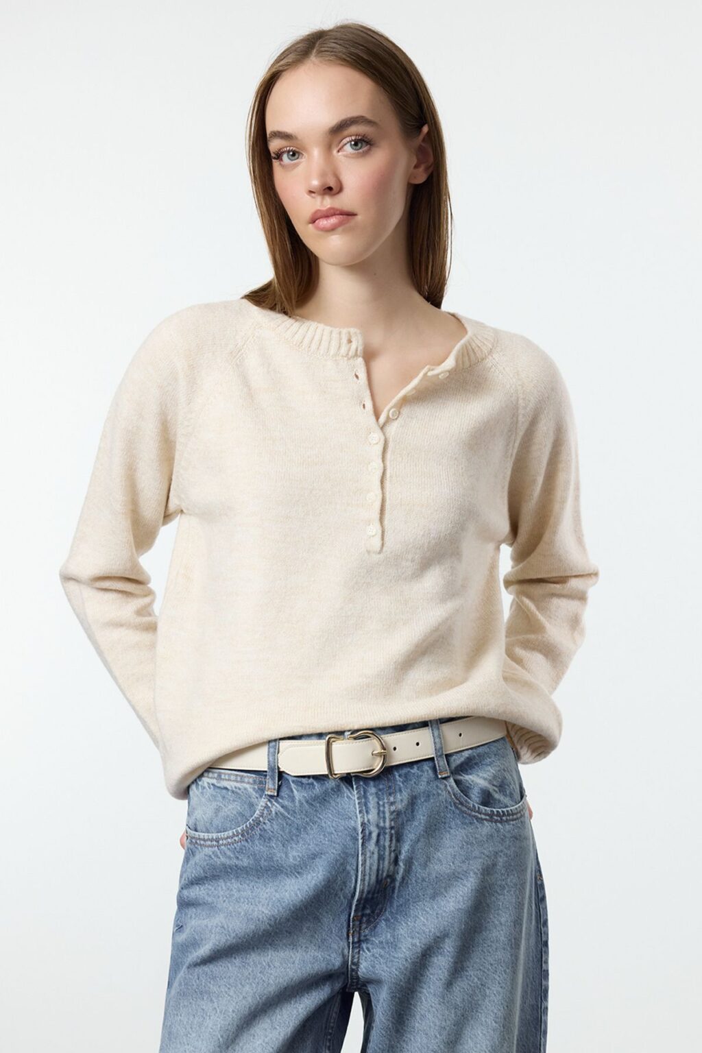 Trendyol Stone Soft Texture Button Detailed Knitwear Sweater
