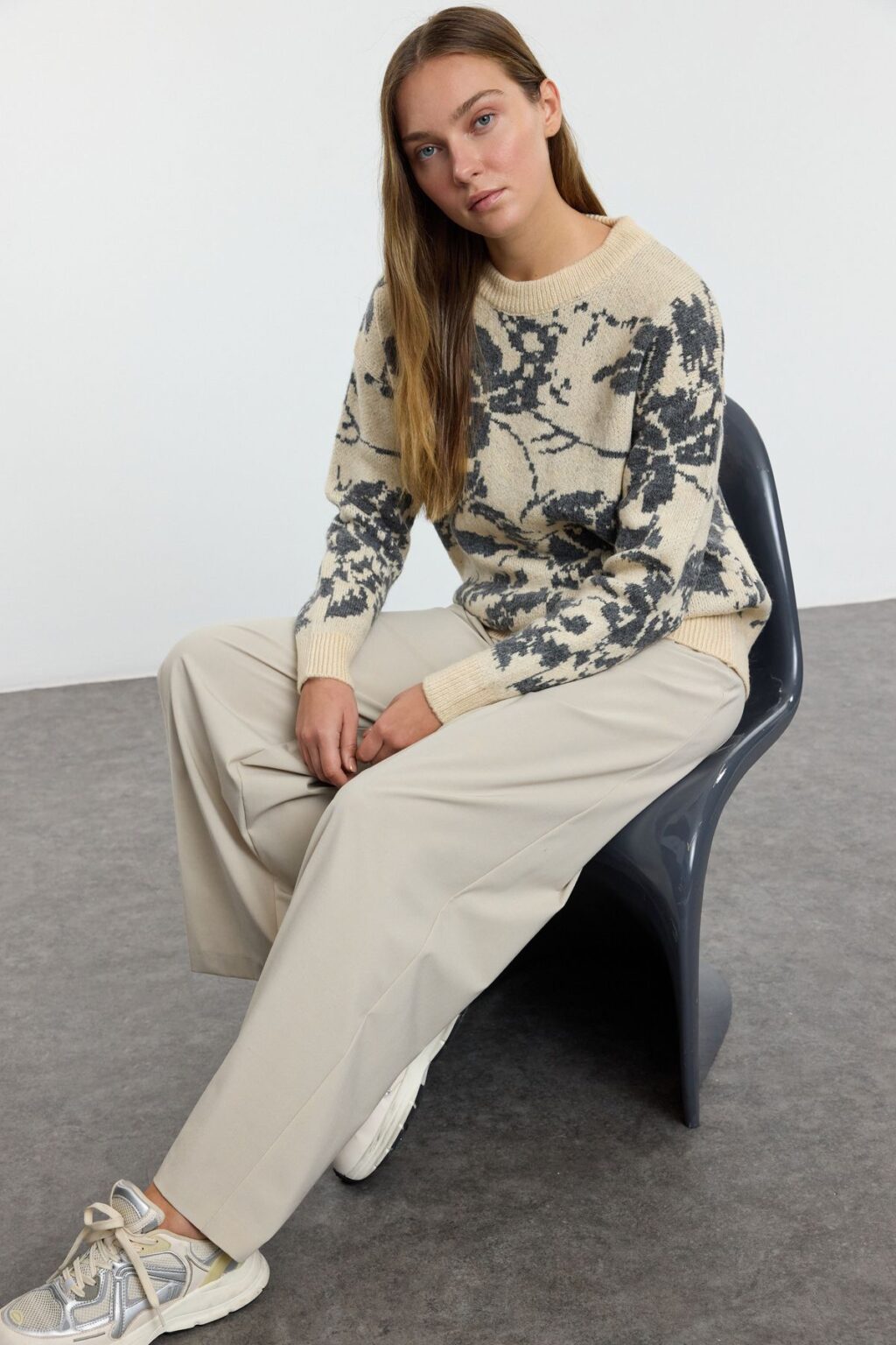 Trendyol Stone Soft Texture Floral Knit Sweater