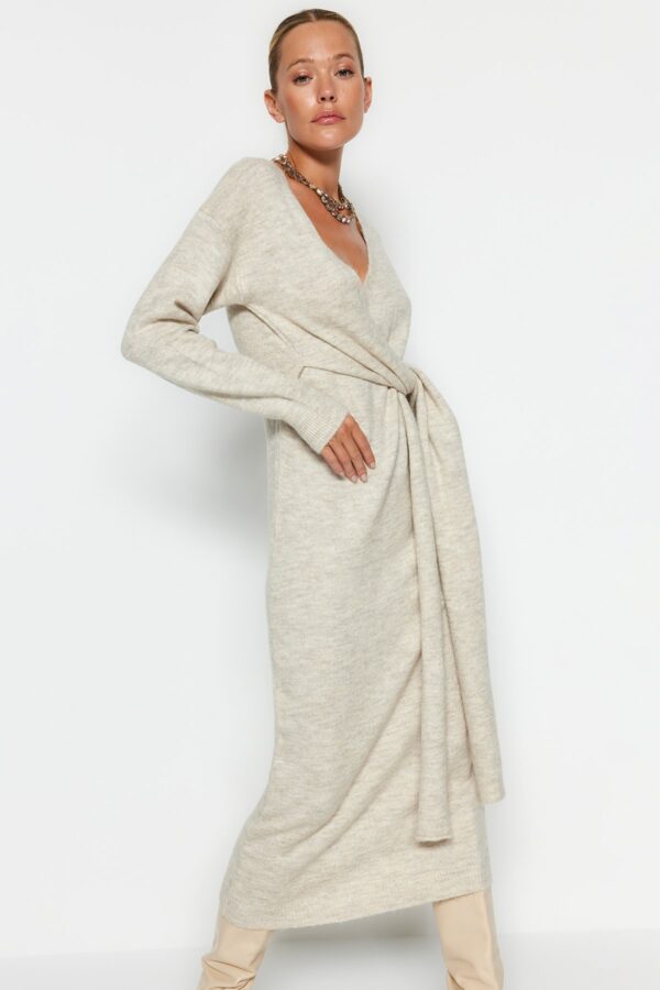 Trendyol Stone Soft Texture Midi Knitwear Double Breasted Collar Tie Dress