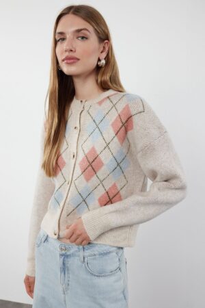 Trendyol Stone Soft Textured Diamond Patterned Jacket-Looking Knitwear Cardigan Trendyol Stone Soft Textured Diamond Patterned Jacket-Looking Knitwear Cardigan