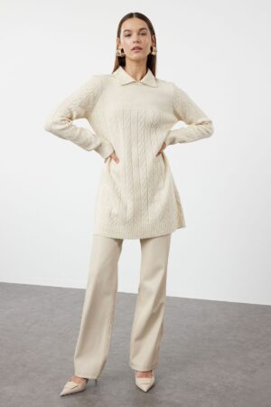 Trendyol Stone Soft Textured Knitwear Zigzag Patterned Sweater