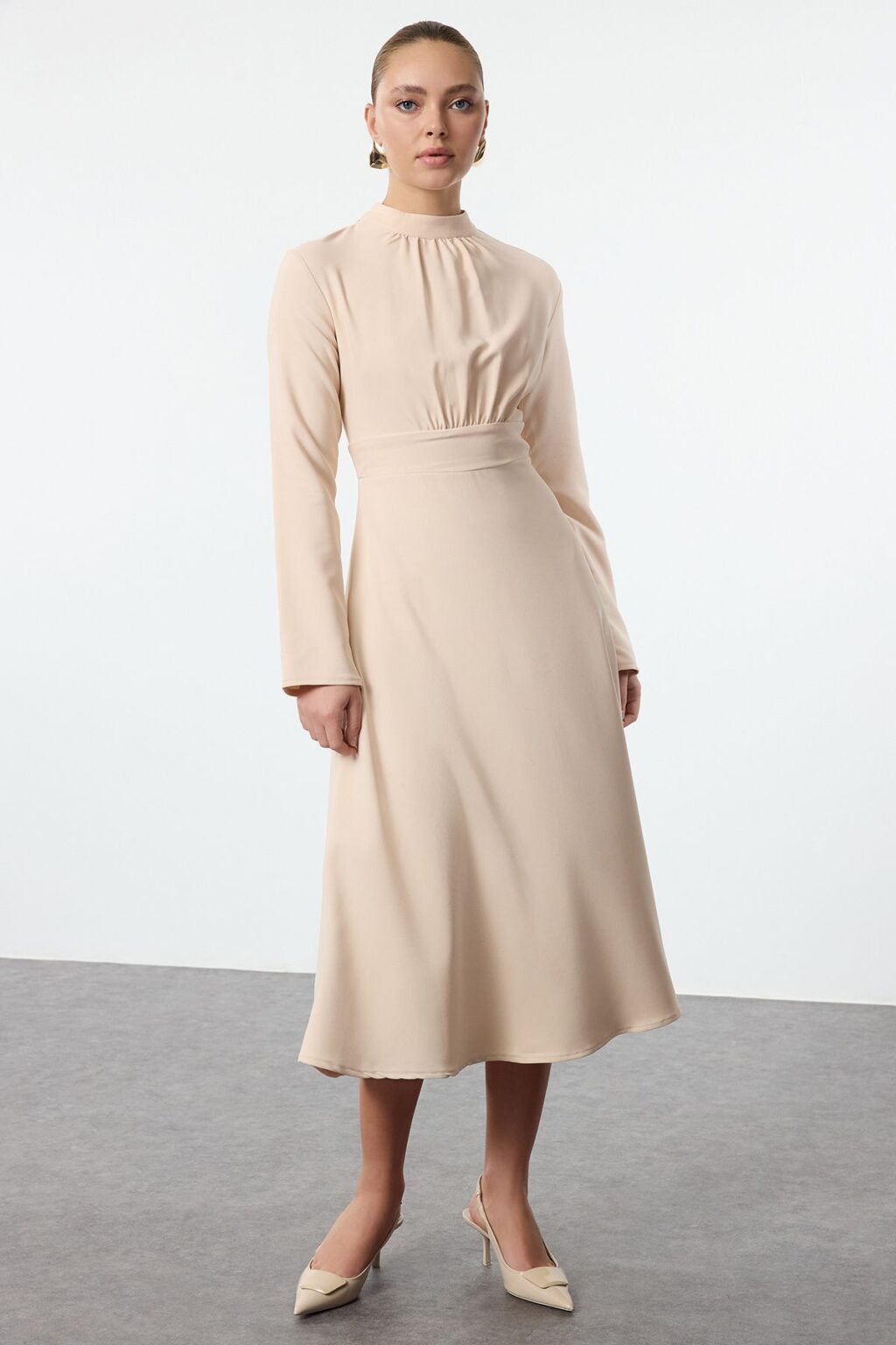 Trendyol Stone Stand Collar Skater/Waist Open Midi Woven Dress