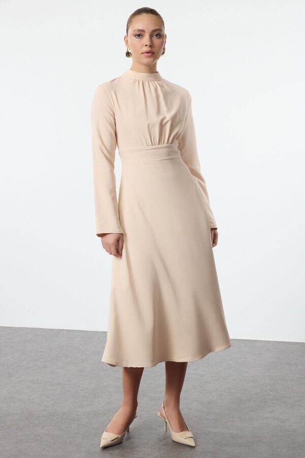 Trendyol Stone Stand Collar Skater/Waist Open Midi Woven Dress