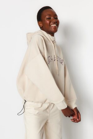 Trendyol Stone Thick Inner Fleece Knitwear Tape Detailed Hooded Knitted Sweatshirt Trendyol Stone Thick Inner Fleece Knitwear Tape Detailed Hooded Knitted Sweatshirt