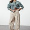Trendyol Stone Waist Detail High Waist Extra Wide Leg Palazzo Jeans