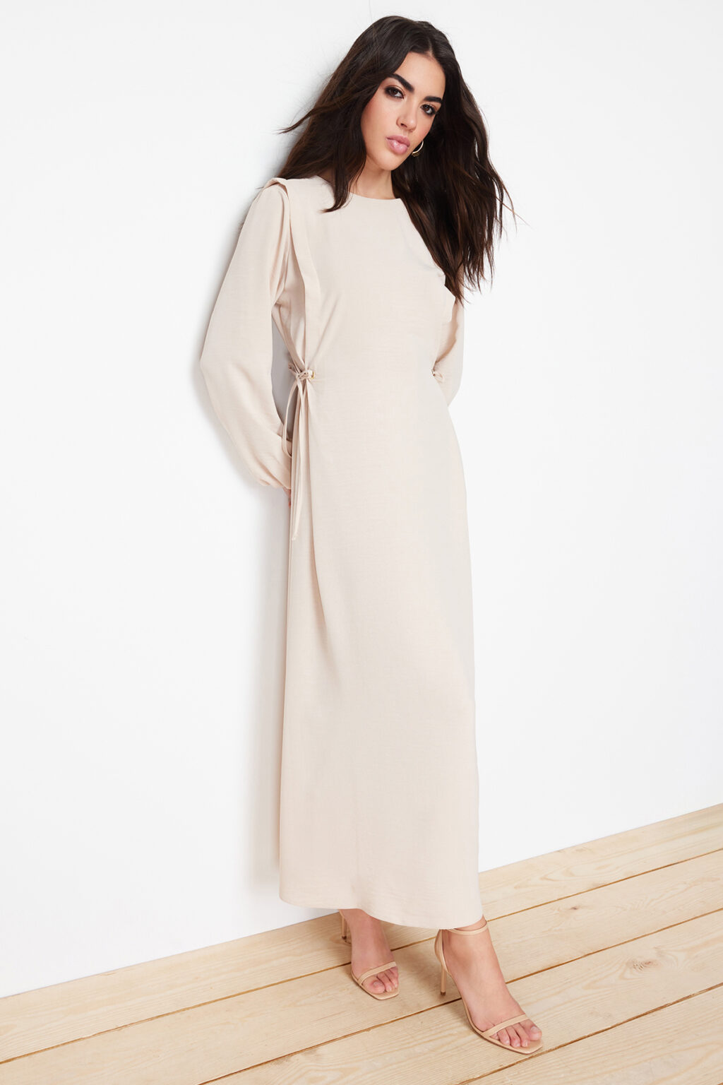 Trendyol Stone Waist Rope Tie Detailed Elastic Sleeve End Aerobin Woven Dress