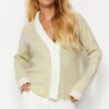 Trendyol Stone Wide Fit puha texturált színes blokk kötöttáru Cardigan
