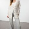 Trendyol Stone Wool Sequin Embroidered Knitwear Cardigan