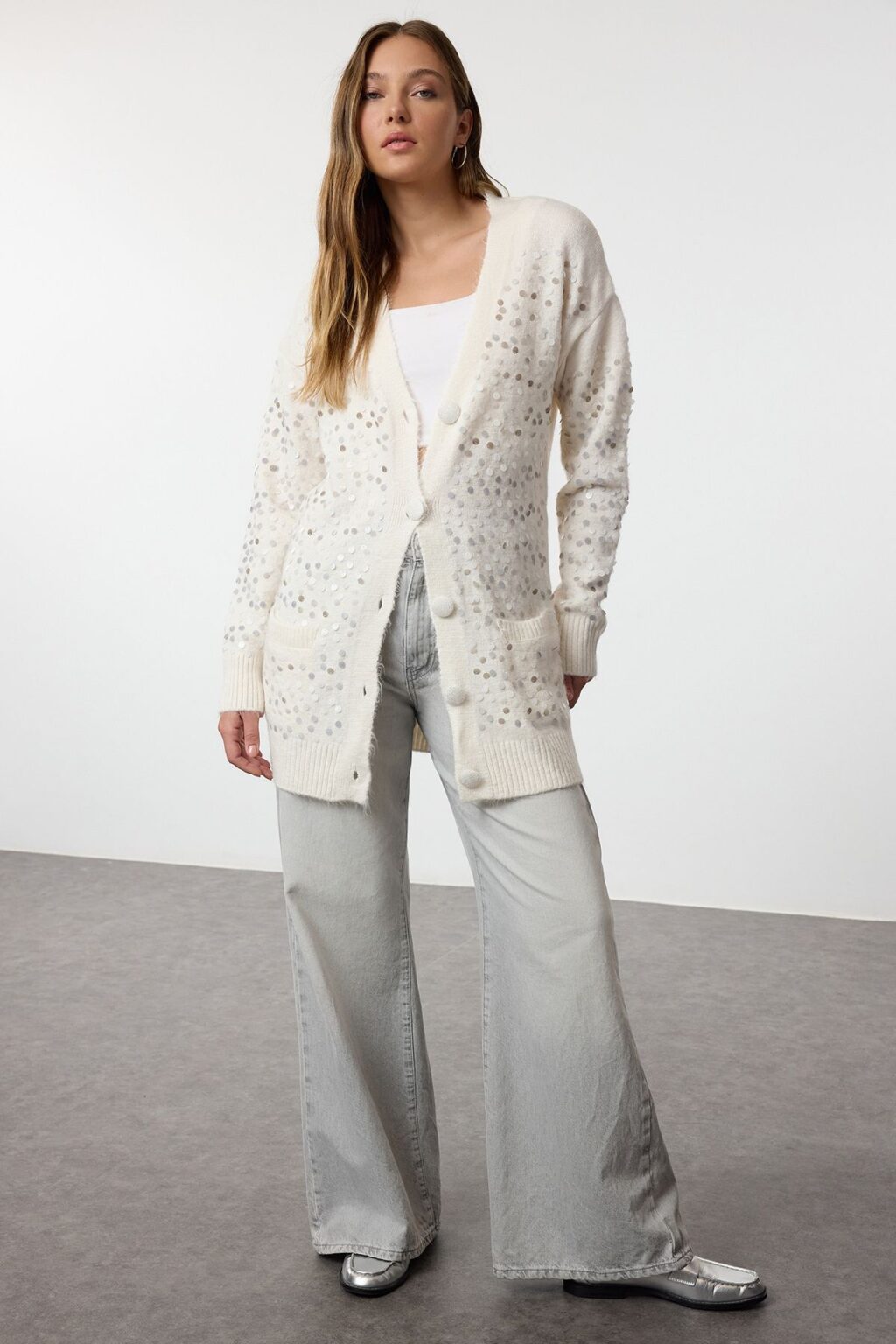 Trendyol Stone Wool Sequin Embroidered Knitwear Cardigan