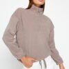 Trendyol Stone Zipper Detailed Knitted Sweatshirt