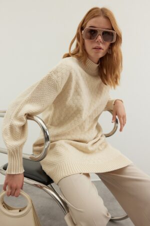 Trendyol Stone magas nyakú méhsejt mintás kötött kötött áru pulóver Trendyol Stone magas nyakú méhsejt mintás kötött kötött áru pulóver