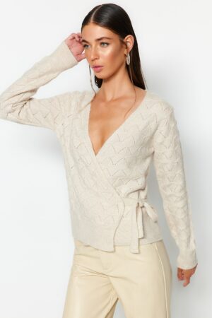 Trendyol Stone puha textúrájú dupla mellű nyakú kötöttáru pulóver Trendyol Stone puha textúrájú dupla mellű nyakú kötöttáru pulóver