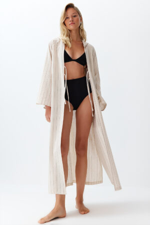 Trendyol Striped Belted Maxi Woven Tie-Up Linen Blend 100% Cotton Kimono&Kaftan