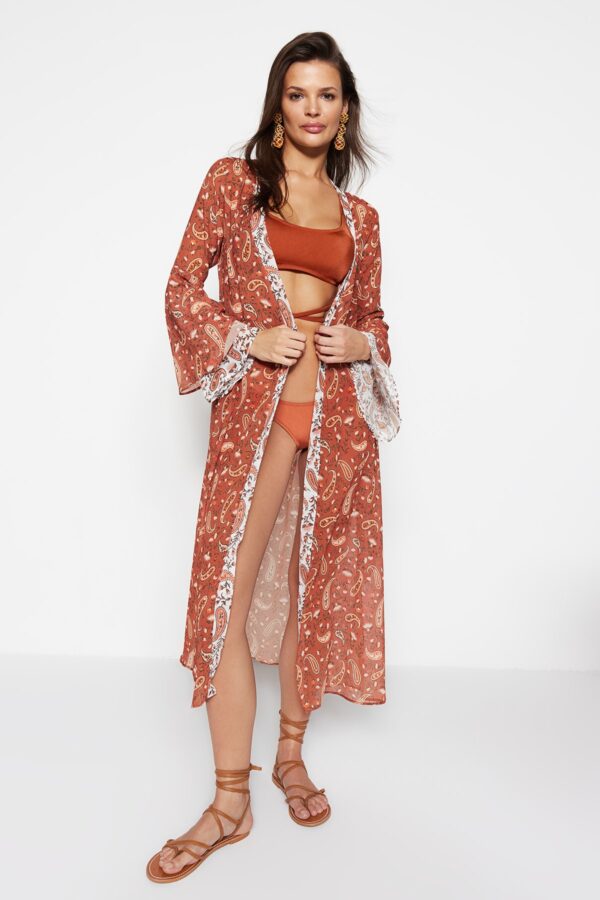 Trendyol Színes Absztrakt Mintás Öves Kimonó-Caftan