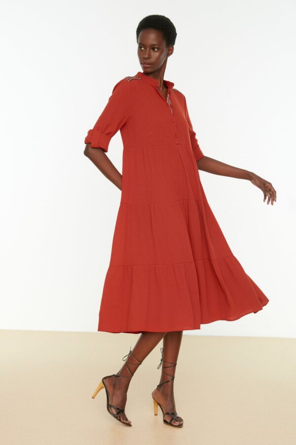Trendyol Tile Border Detailed Woven Flounce Woven Dress