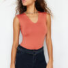 Trendyol Tile Fitted Zero Sleeve V-Neck Flexible Snap Fastener Knitted Body
