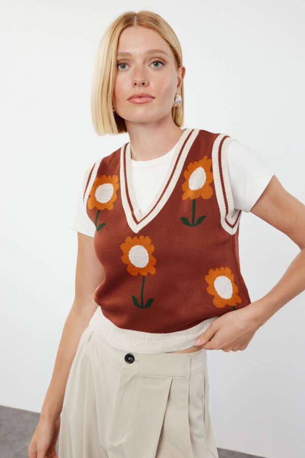 Trendyol Tile V-neck Floral Patterned Knitwear Sweater