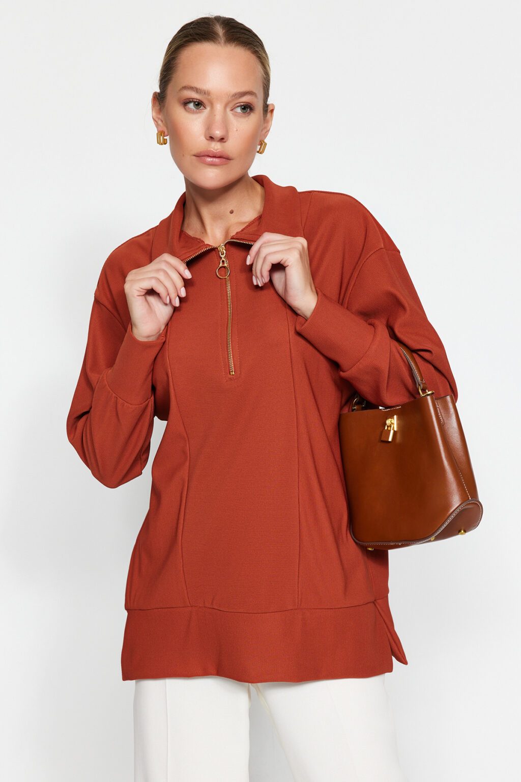 Trendyol Tile Zipper Detailed Knitted Sweatshirt