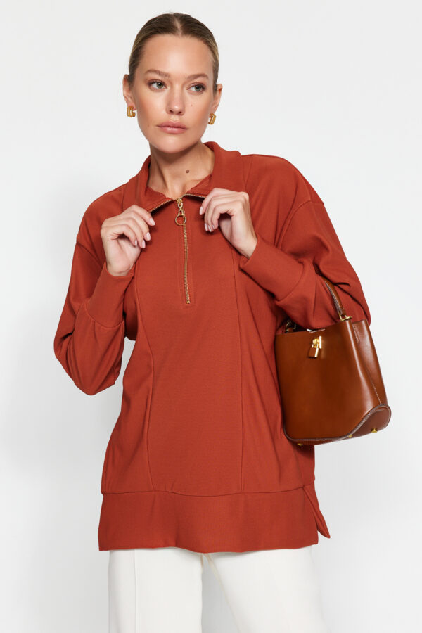 Trendyol Tile Zipper Detailed Knitted Sweatshirt