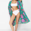 Trendyol Tropical Patterned Belted Maxi Woven Beach Kimono & Caftan