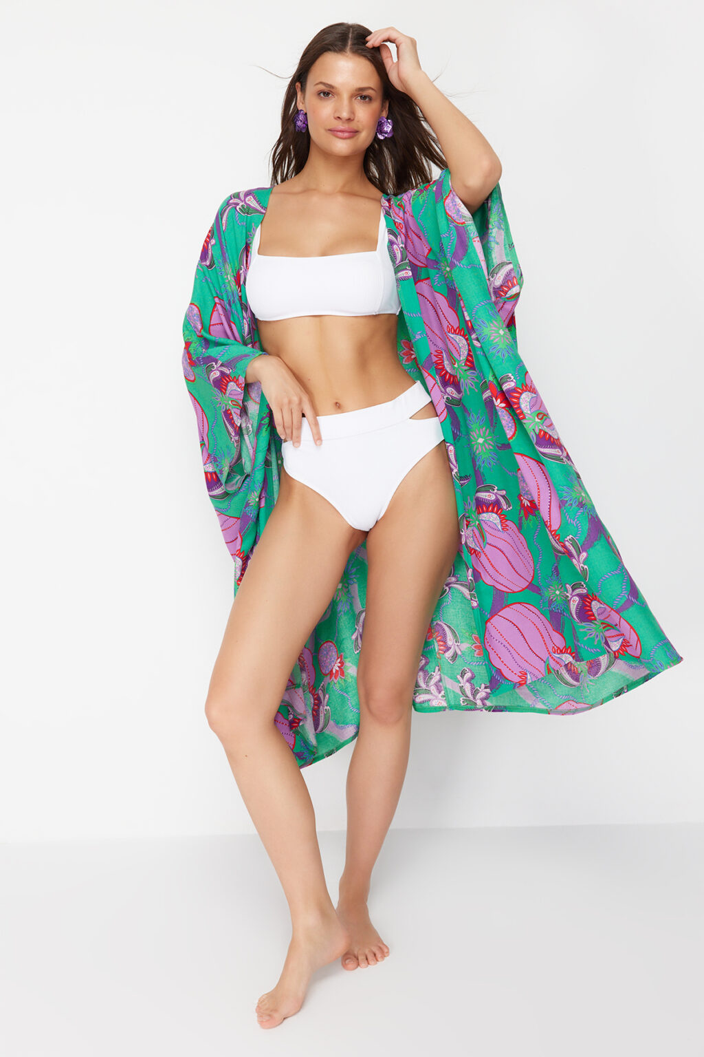 Trendyol Tropical Patterned Belted Maxi Woven Beach Kimono & Caftan