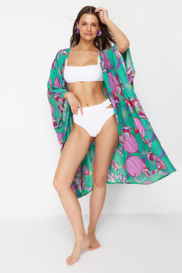 Trendyol Tropical Patterned Belted Maxi Woven Beach Kimono & Caftan
