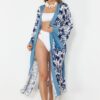 Trendyol Tropical Patterned Belted Maxi Woven Beach Kimono&Caftan