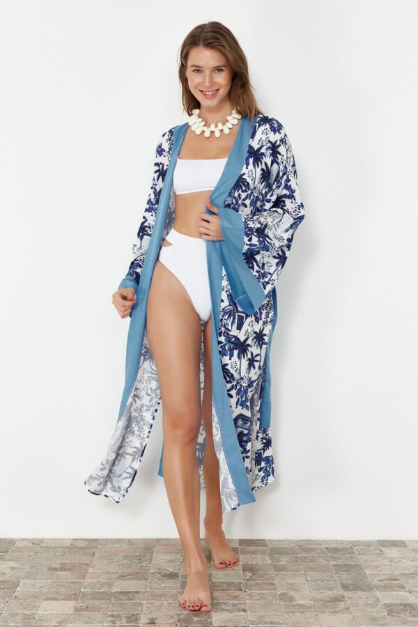 Trendyol Tropical Patterned Belted Maxi Woven Beach Kimono&Caftan