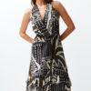 Trendyol Tropical Patterned Belted Maxi Woven Ruffled 100% Cotton Beach Dress