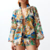 Trendyol Tropical Patterned Belted Woven 100% Cotton Kimono Shorts Beach Set