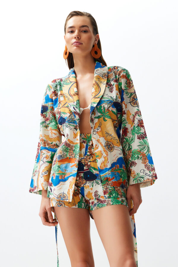 Trendyol Tropical Patterned Belted Woven 100% Cotton Kimono Shorts Beach Set