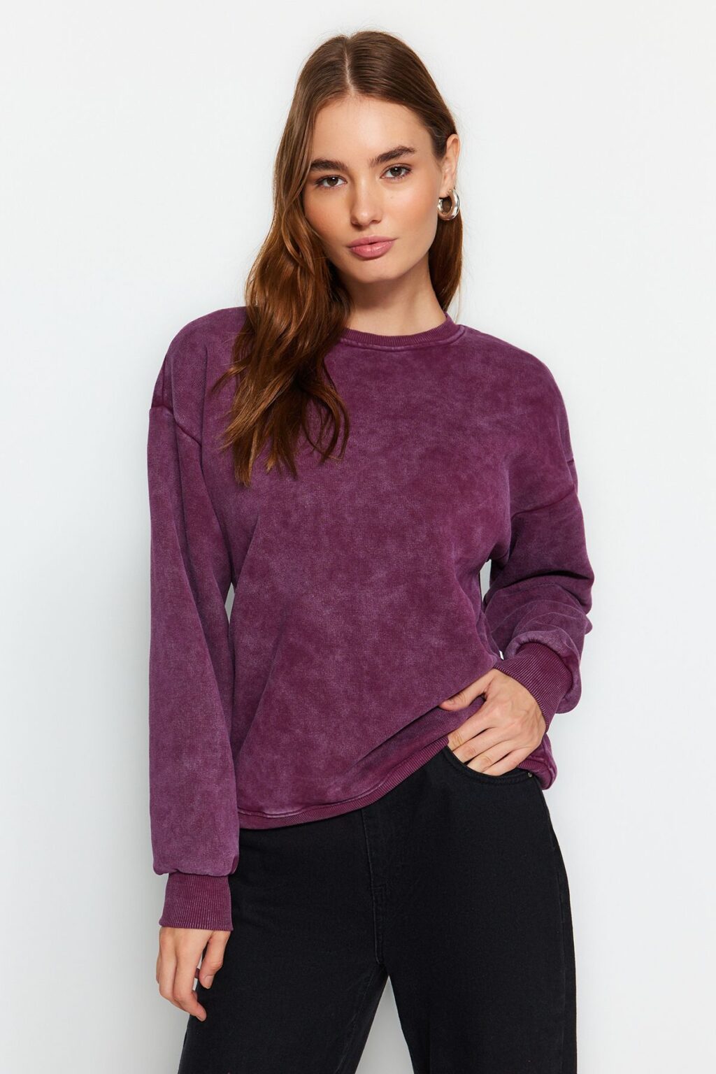 Trendyol Violet Antiqued/Faded Effect Thicker Fleece Inside Oversized/Wide Knitted Sweatshirt