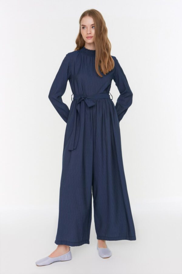 Trendyol Weaving Indigo Belted Jumpsuit with Gipple Collar