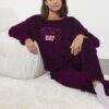 Trendyol Wellsoft Winter Knitted Pajamas Set with Plum Slogan and Heart