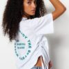 Trendyol White 100% Cotton Back Printed Gathered Oversize/Wide Cut Crew Neck T-Shirt