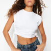 Trendyol White 100% Cotton Gather Detailed Crop Bat Sleeve Knitted T-Shirt
