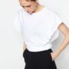 Trendyol White 100% Cotton Raglan Sleeve Crop Crew Neck Knitted T-Shirt