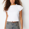 Trendyol White 100% Cotton with Stopper Regular/Regular Fit Moon Sleeve Crop Knitted T-Shirt