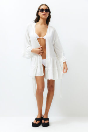 Trendyol White Belted Mini Woven Ruffle Beach Kimono&Caftan