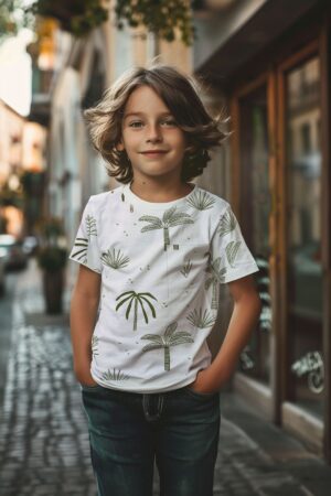 Trendyol White Boy Palm Patterned Regular Fit Short Sleeve Knitted T-Shirt