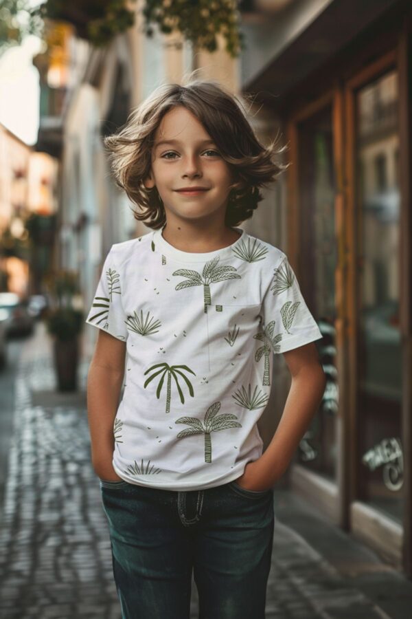 Trendyol White Boy Palm Patterned Regular Fit Short Sleeve Knitted T-Shirt