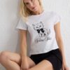 Trendyol White Cat and Ribbon/Bow Printed Shorts and Knitted Pajama Set